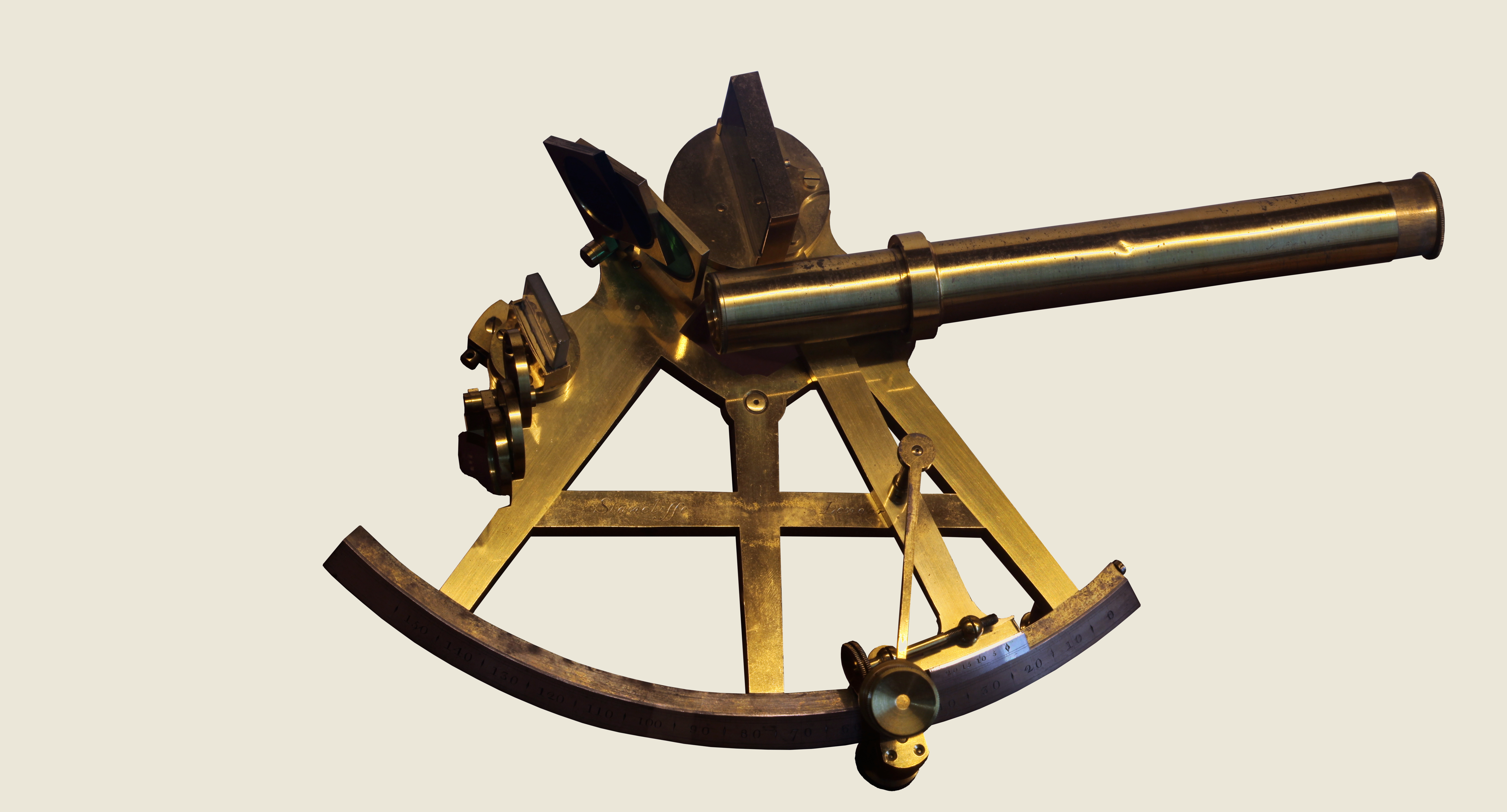 A late 18th-century brass marine sextant by John Stancliffe of London &mdash; arc, telescope, and mirrors visible